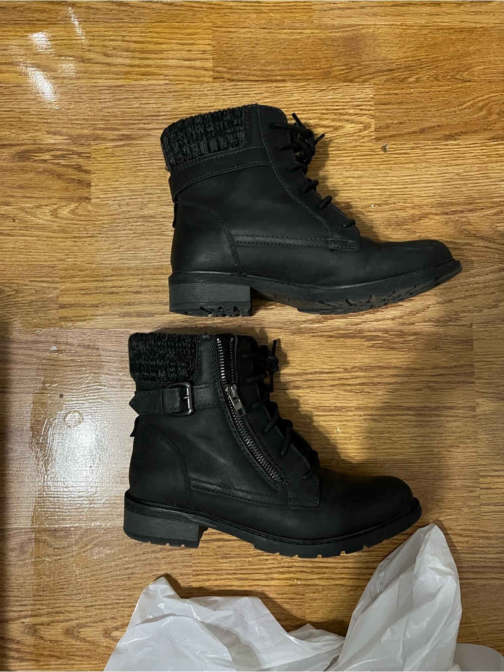 Time and Tru Black Lace-Up Ankle Boots with Knit Collar and Side Zip